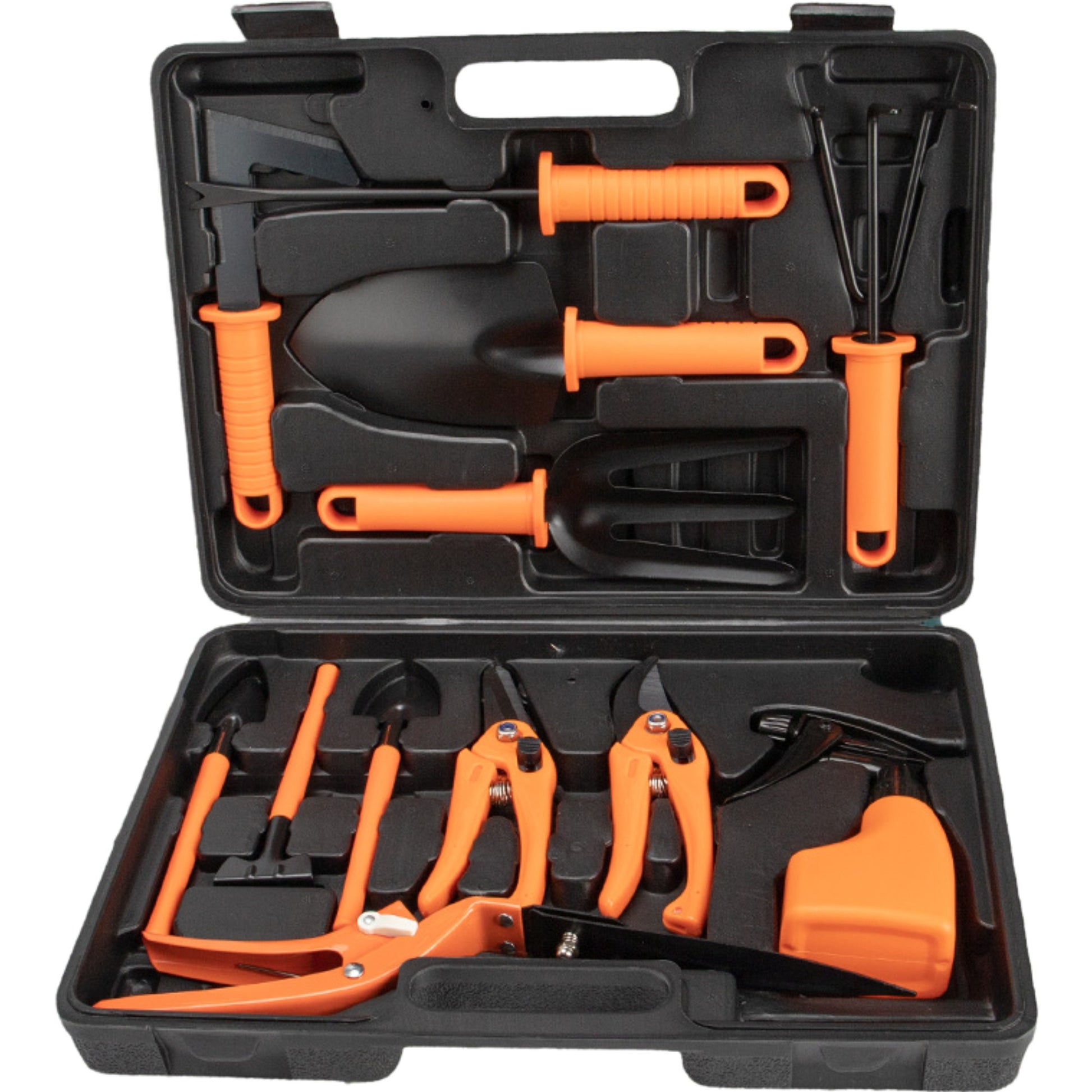 Set 12 accesorii pentru gradinarit Klevo, geanta depozitare inclusa, otel inoxidabil, 37 x 27 cm, portocaliu