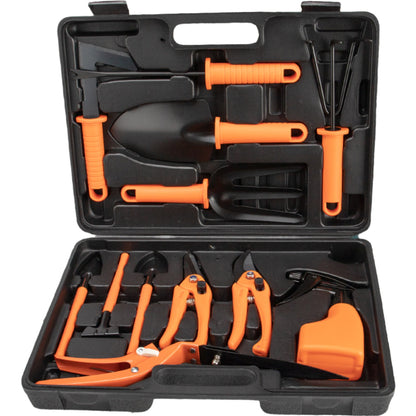 Set 12 accesorii pentru gradinarit Klevo, geanta depozitare inclusa, otel inoxidabil, 37 x 27 cm, portocaliu