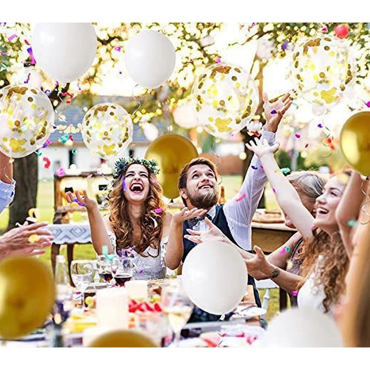 Set 12 Baloane din Folie Metalizata si din Latex, Klevo, Model Mr Mrs, Tema Nunta, Baloane Party cu Confetti, 45 cm, 30 cm, Pai inclus, Umflare cu Aer sau Heliu, Alb/Auriu
