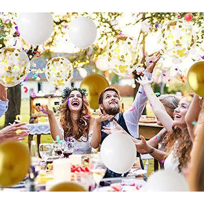 Set 12 Baloane din Folie Metalizata si din Latex, Klevo, Model Mr Mrs, Tema Nunta, Baloane Party cu Confetti, 45 cm, 30 cm, Pai inclus, Umflare cu Aer sau Heliu, Alb/Auriu