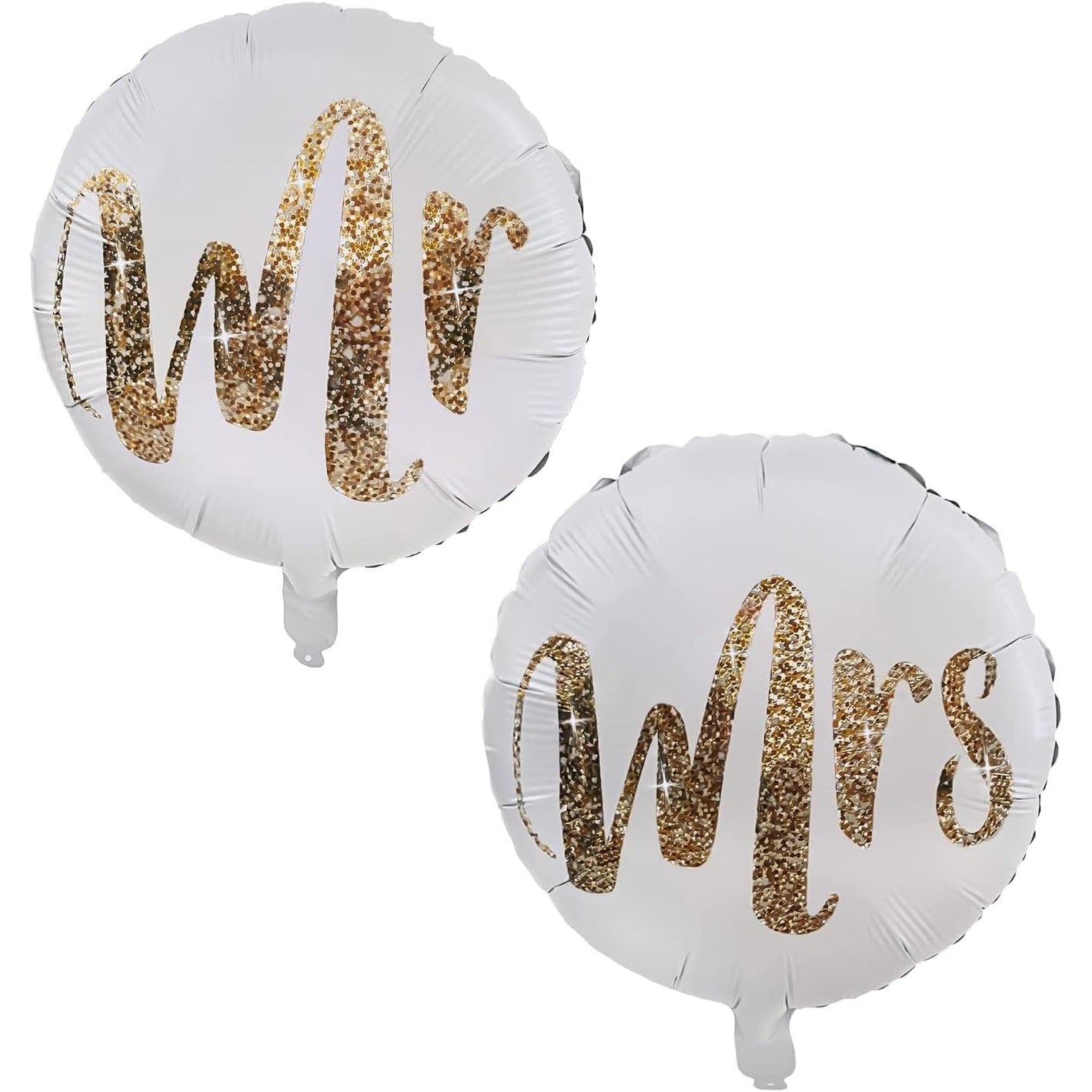 Set 12 Baloane din Folie Metalizata si din Latex, Klevo, Model Mr Mrs, Tema Nunta, Baloane Party cu Confetti, 45 cm, 30 cm, Pai inclus, Umflare cu Aer sau Heliu, Alb/Auriu