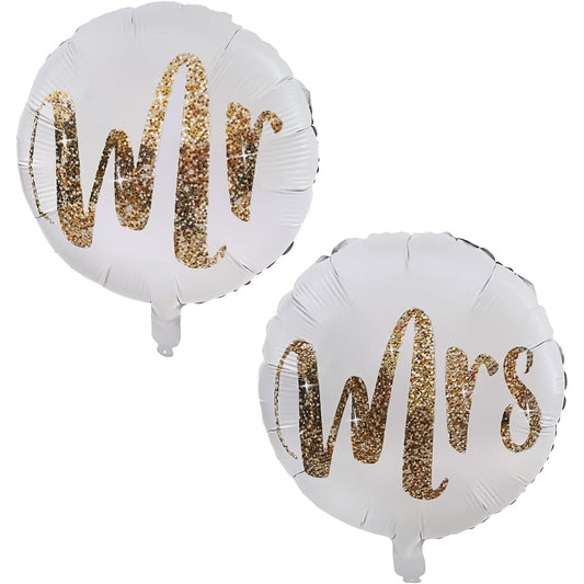 Set 12 Baloane din Folie Metalizata si din Latex, Klevo, Model Mr Mrs, Tema Nunta, Baloane Party cu Confetti, 45 cm, 30 cm, Pai inclus, Umflare cu Aer sau Heliu, Alb/Auriu