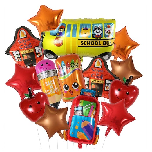 Baloane decorative Back to School, Klevo, Set MIX 12 baloane, Autobuz Mere Stele Rechizite, din folie de aluminiu, 40 x 80 cm, Adeziv si pai inclus, Rosu Multicolor