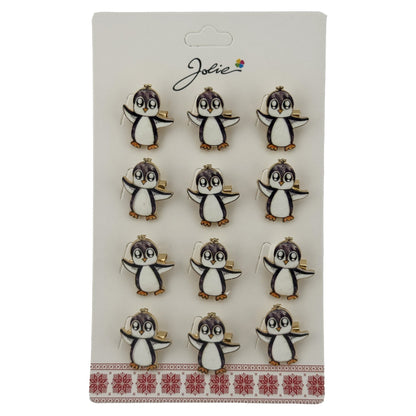 Set 12 Brose Martisor cu Pinguin Copii, Jolie, Brose din Metal, Aspect Lacuit, 2,5 x 3 cm per Unitate, Alb