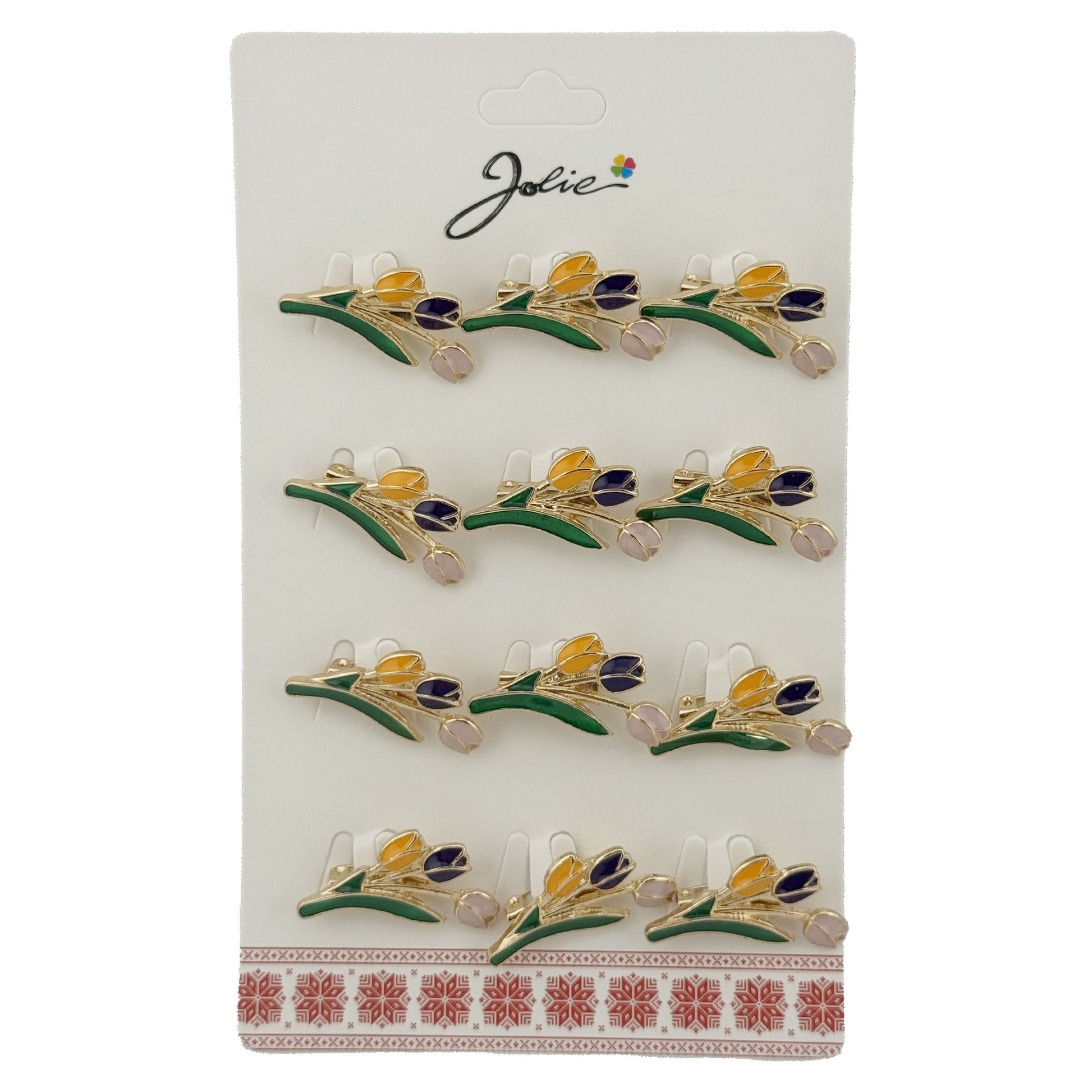 Set 12 Brose Martisor de Primavara cu Buchet de Lalele, Jolie, Brose din Metal, Aspect Lacuit, 2,5 x 1,5 cm per Unitate, Verde