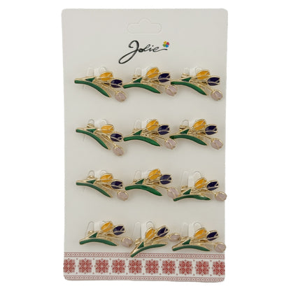 Set 12 Brose Martisor de Primavara cu Buchet de Lalele, Jolie, Brose din Metal, Aspect Lacuit, 2,5 x 1,5 cm per Unitate, Verde