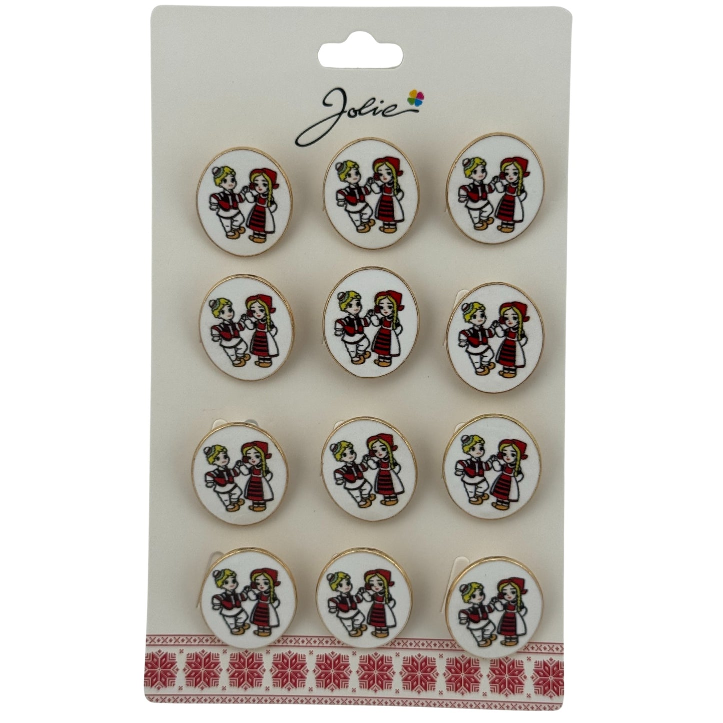 Set 12 Brose Martisor pentru Copii, Jolie, Model Baiat si Fata Imbracati Traditional, Multicolor