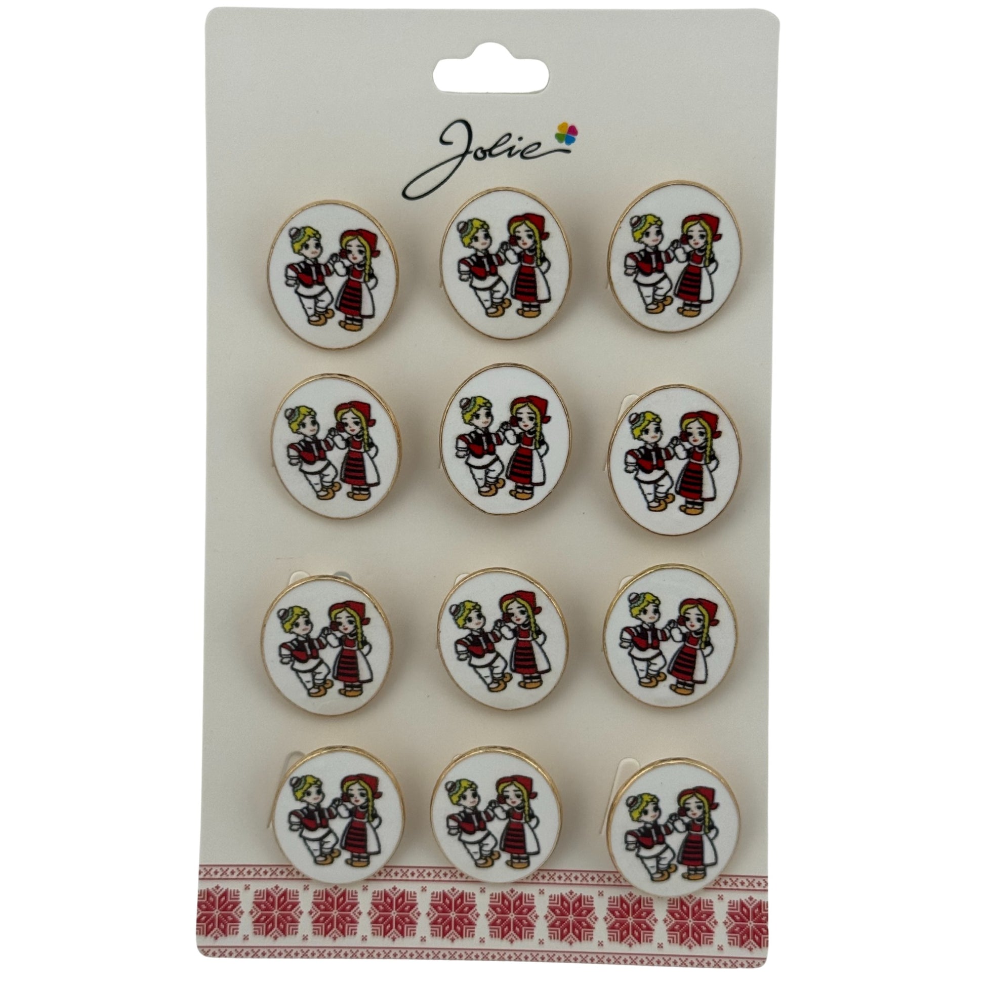 Set 12 Brose Martisor pentru Copii, Jolie, Model Baiat si Fata Imbracati Traditional, Multicolor
