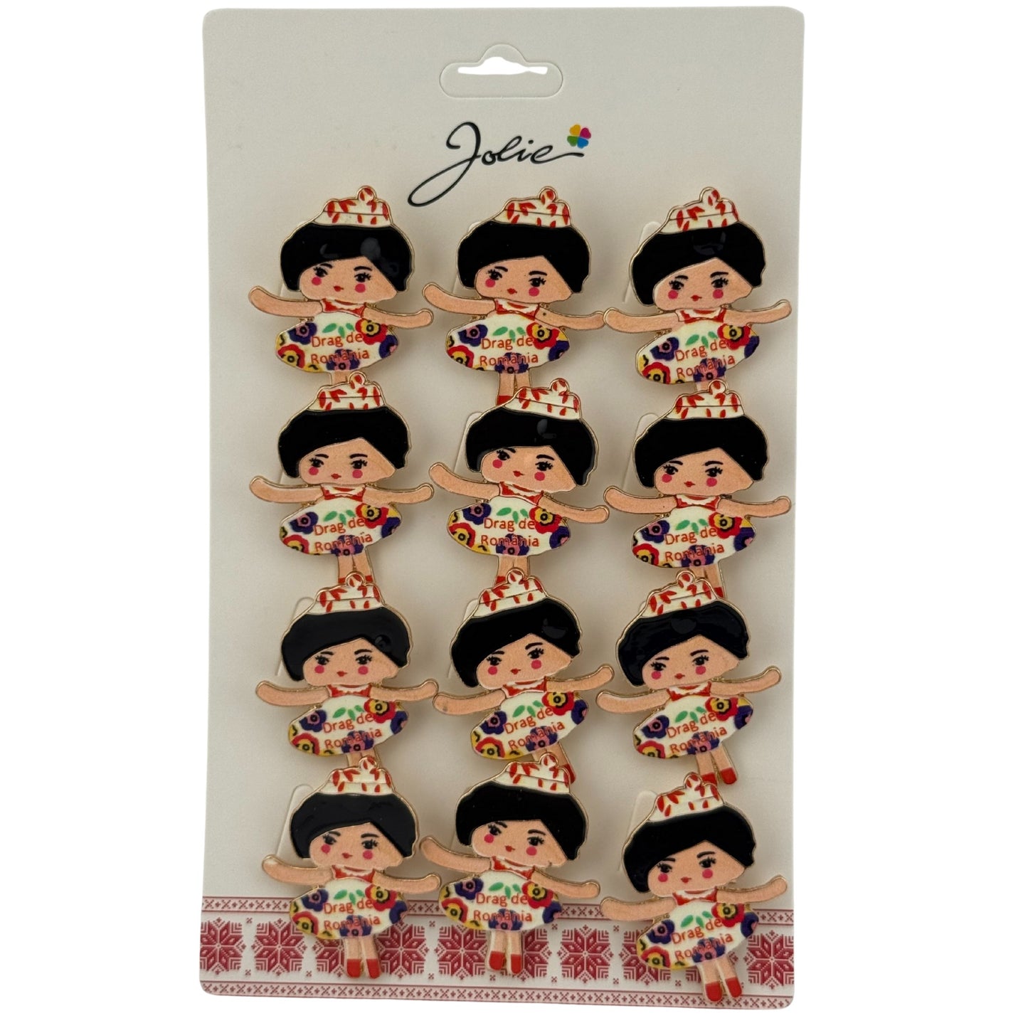 Set 12 Brose Martisor pentru Copii, Jolie, Model Fetita cu Coronita, cu Mesaj Drag de Romania, Multicolor