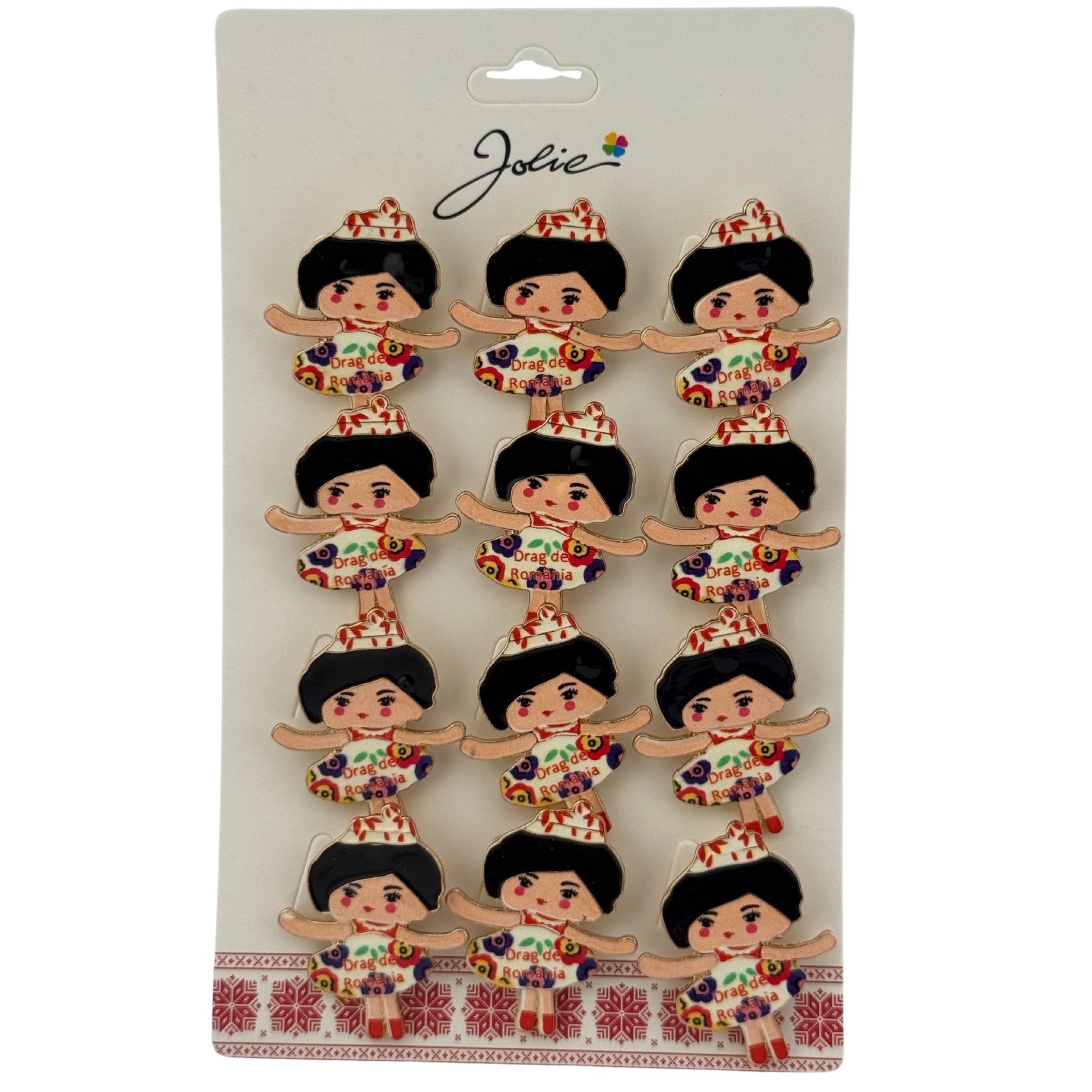 Set 12 Brose Martisor pentru Copii, Jolie, Model Fetita cu Coronita, cu Mesaj Drag de Romania, Multicolor