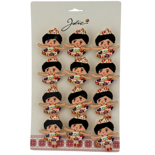 Set 12 Brose Martisor pentru Copii, Jolie, Model Fetita cu Coronita, cu Mesaj Drag de Romania, Multicolor