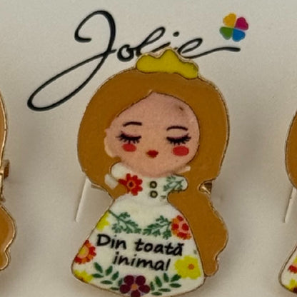 Set 12 Brose Martisor pentru Copii, Jolie, Model Fetita, cu Mesaj Din Toata Inima, Multicolor