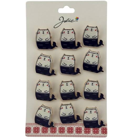 Set 12 Brose Martisor pentru Copii, Jolie, Model Pisica Sirena, Alb Albastru
