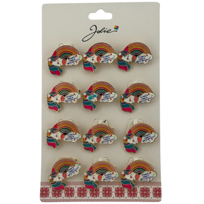 Set 12 Brose Martisor pentru Copii, Jolie, Model Unicorn Curcubeu, cu Mesaj Crede in Magia Martisorului, Multicolor