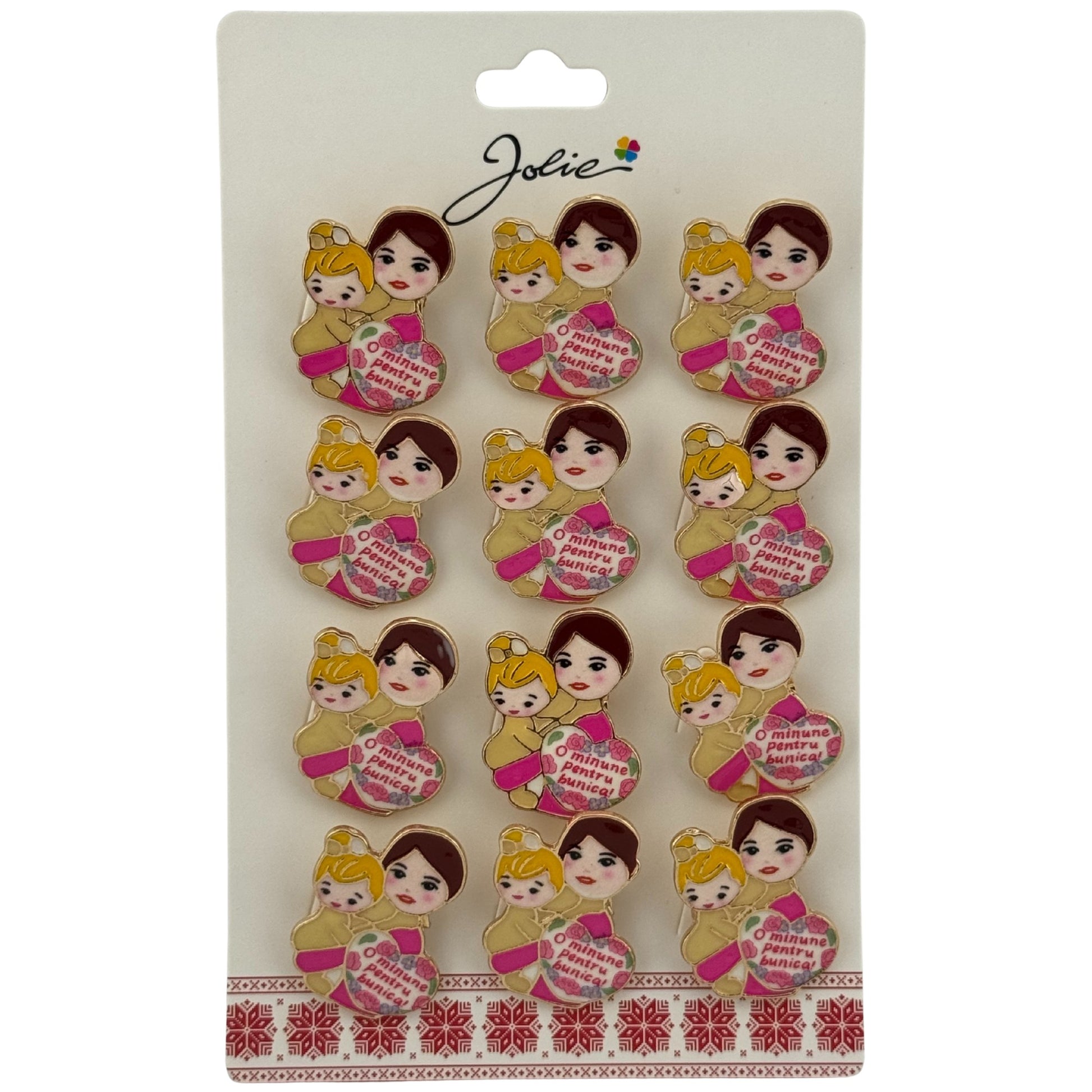 Set 12 Brose Martisor Primavara, Jolie, Model Femeie si Copil, cu Mesaj O Minune Pentru Bunica, Multicolor