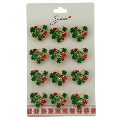 Set 12 Brose Martisor Primavara, Jolie, Model Inima Impodobita cu Trifoi si Buburuza, Verde