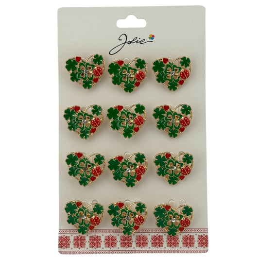 Set 12 Brose Martisor Primavara, Jolie, Model Inima Impodobita cu Trifoi si Buburuza, Verde