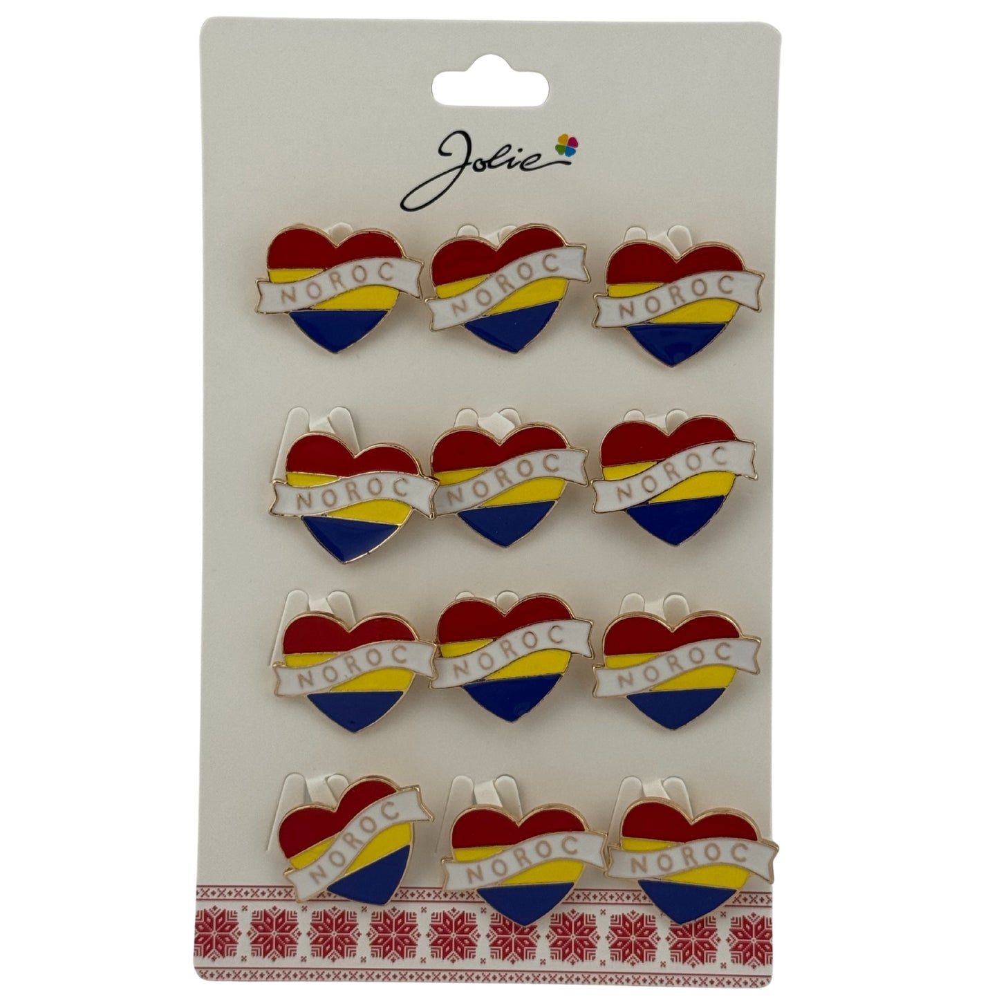 Set 12 Brose Martisor Primavara, Jolie, Model Inima Tricolor, cu Mesaj Noroc