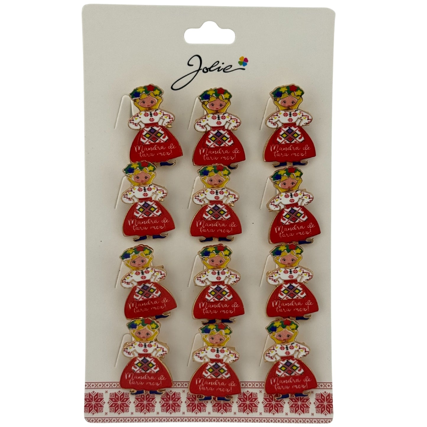 Set 12 Brose Martisor Primavara, Jolie, Model Fata, cu Mesaj Mandra de Tara Mea, Multicolor