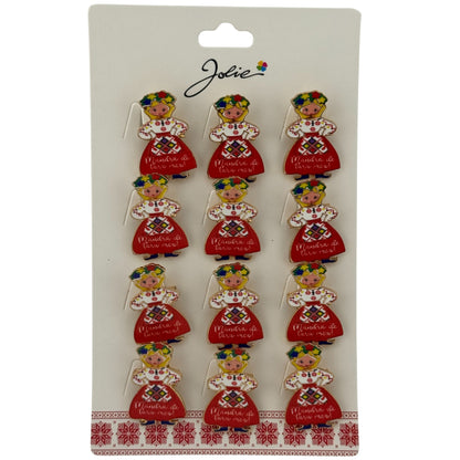 Set 12 Brose Martisor Primavara, Jolie, Model Fata, cu Mesaj Mandra de Tara Mea, Multicolor