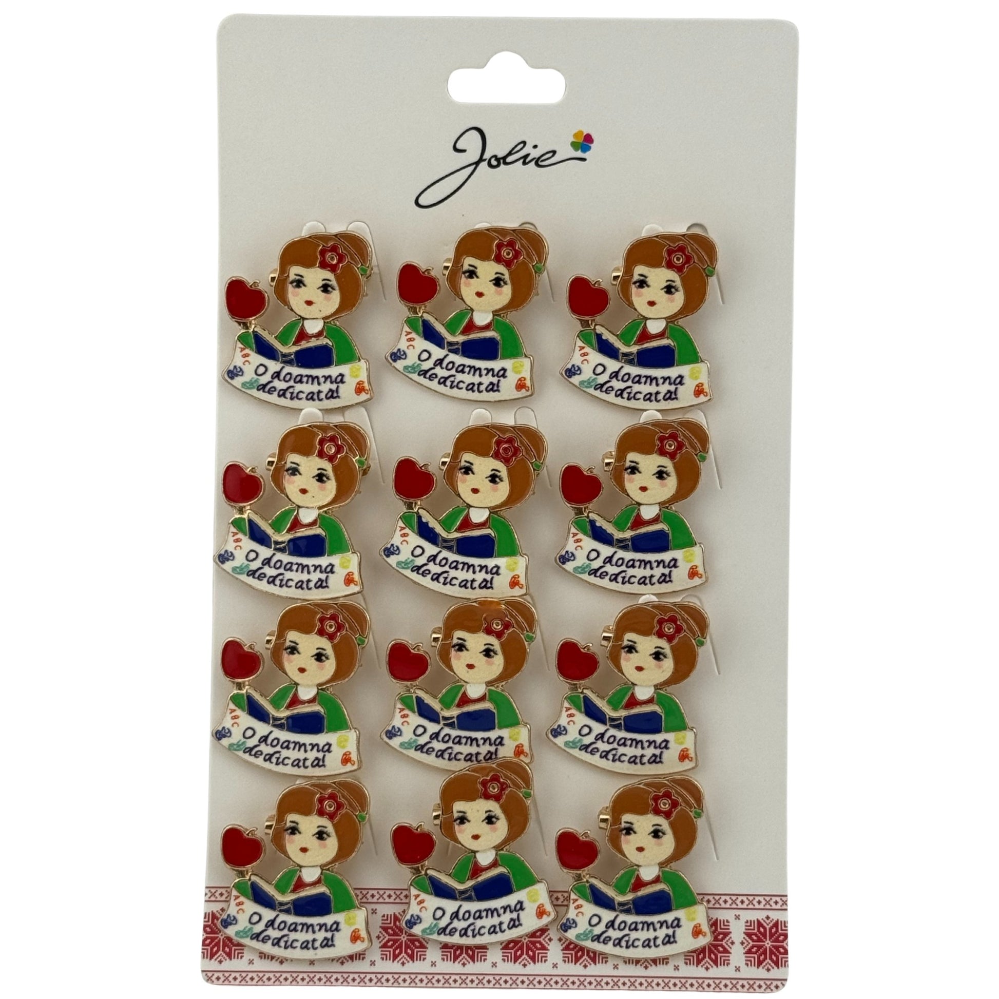 Set 12 Brose Martisor Primavara, Jolie, Model Fata, cu Mesaj O Doamna Dedicata