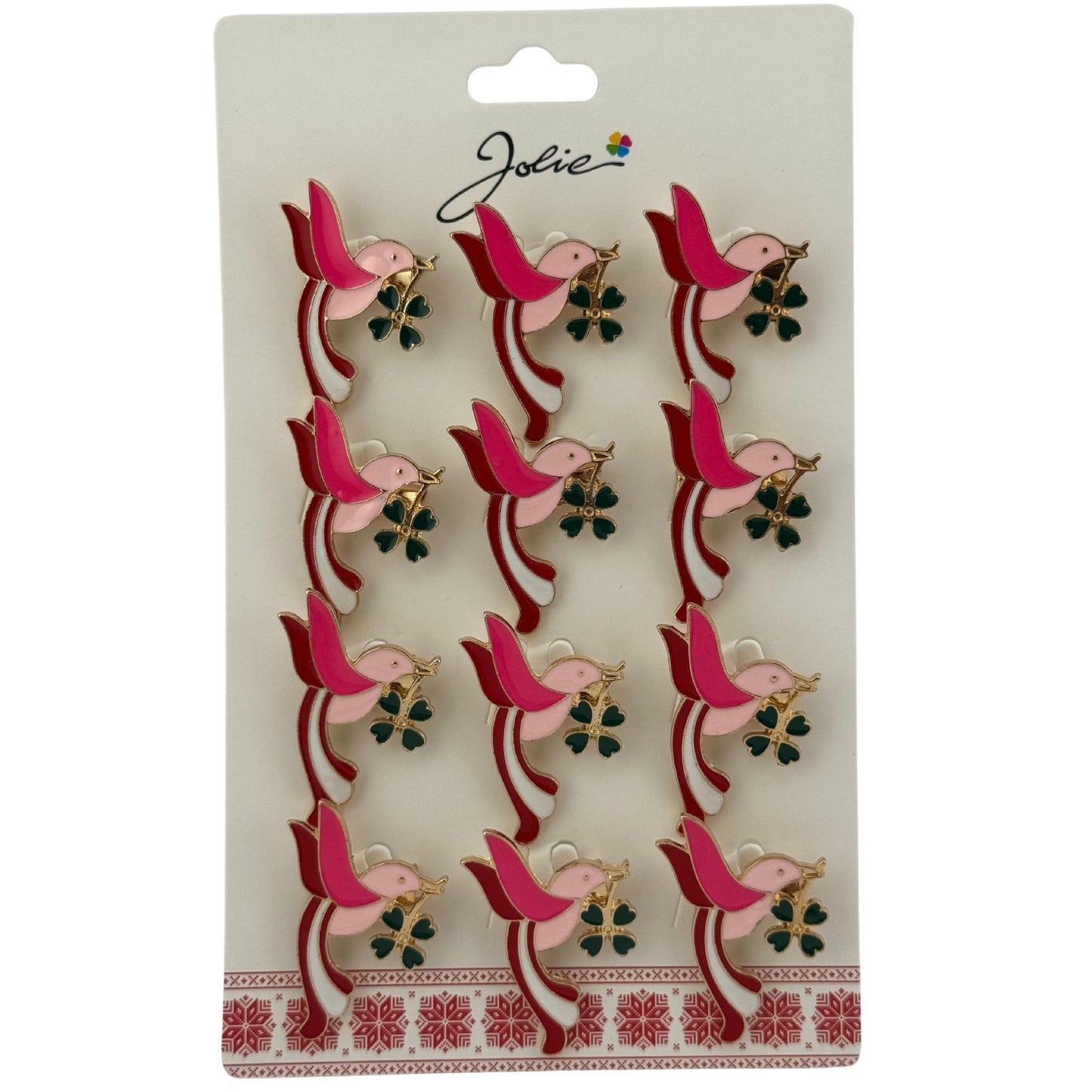 Set 12 Brose Martisor Primavara, Jolie, Model Pasare cu Trifoi in Cioc, Roz