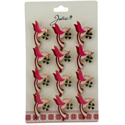 Set 12 Brose Martisor Primavara, Jolie, Model Pasare cu Trifoi in Cioc, Roz