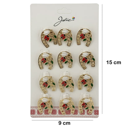Set 12 Brose Martisor Primavara Potcoava cu Ghiocel si Buburuza, Jolie, Brose din Metal, Aspect Lacuit, 2 x 2 cm per Unitate, Auriu