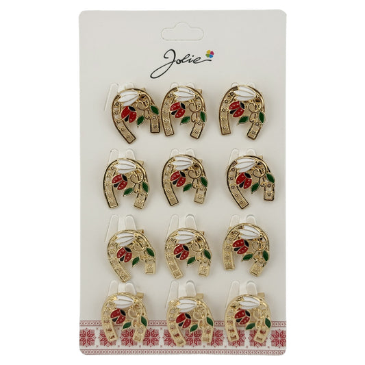 Set 12 Brose Martisor Primavara Potcoava cu Ghiocel si Buburuza, Jolie, Brose din Metal, Aspect Lacuit, 2 x 2 cm per Unitate, Auriu