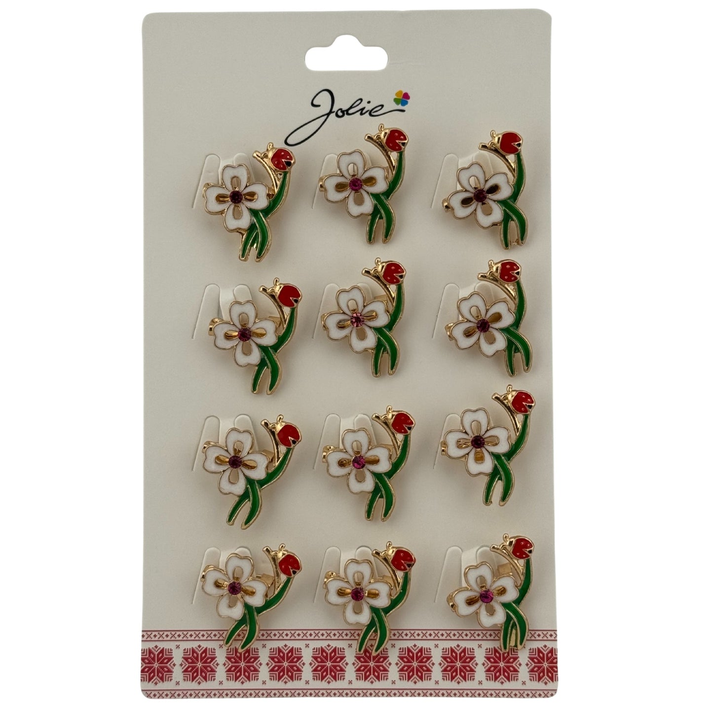 Set 12 Brose Martisor Primavara, Jolie, Model Trifoi cu Buburuza, Verde Alb Rosu