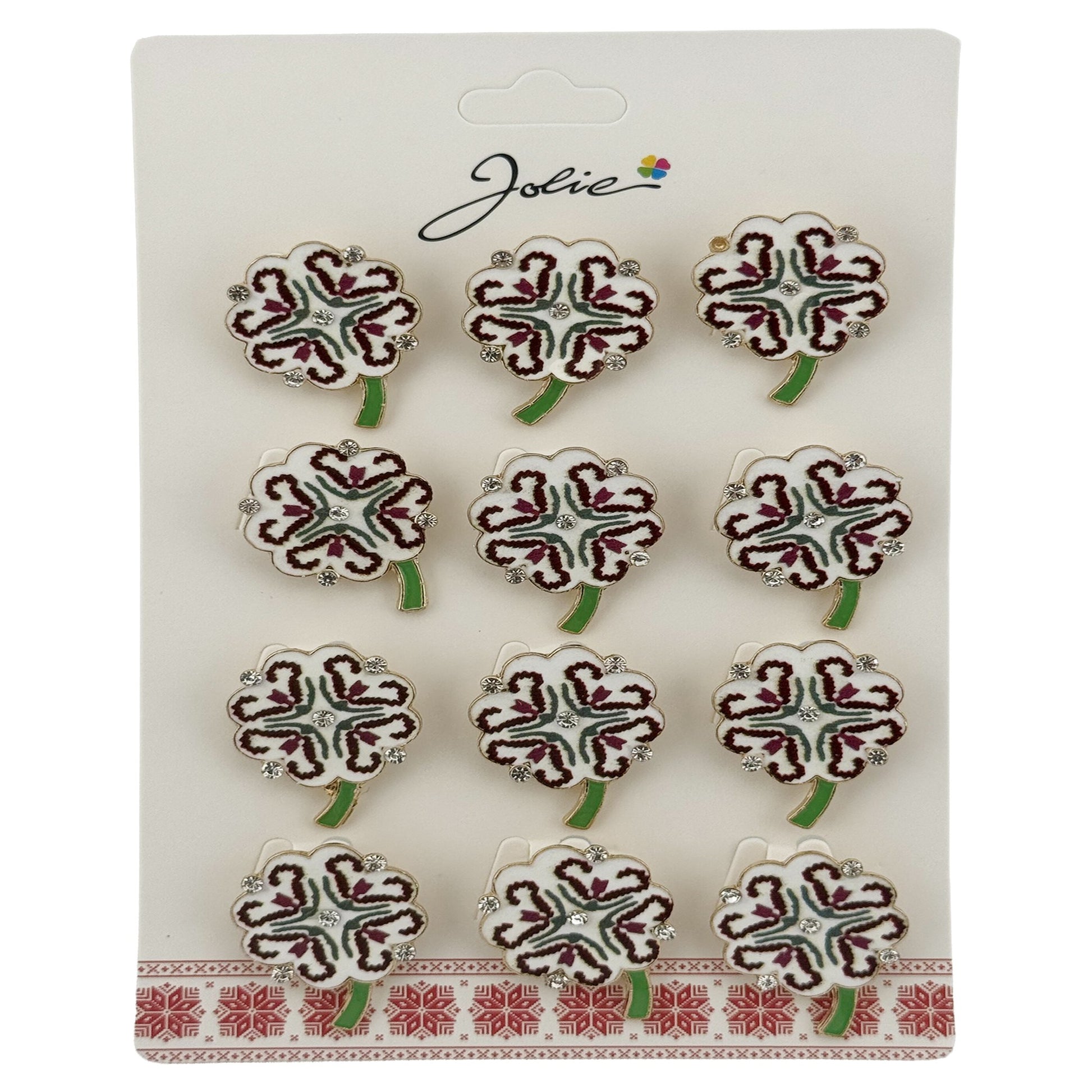 Brose Martisor, Jolie, Set 12 Bucati, Model Trifoi Traditional, Metal, 3 cm, Alb