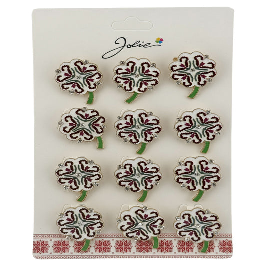 Brose Martisor, Jolie, Set 12 Bucati, Model Trifoi Traditional, Metal, 3 cm, Alb