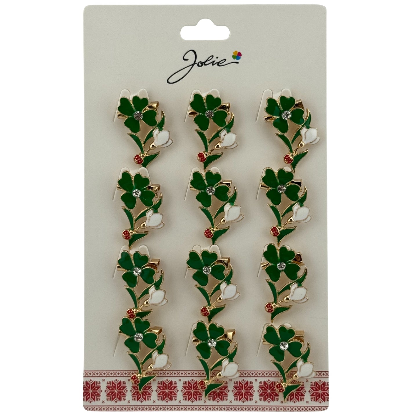 Set 12 Brose Martisor Primavara, Jolie, Model Trifoi cu Piatra in Centru si Buburuza