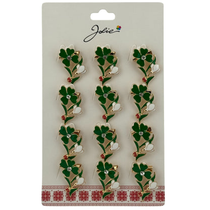 Set 12 Brose Martisor Primavara, Jolie, Model Trifoi cu Piatra in Centru si Buburuza