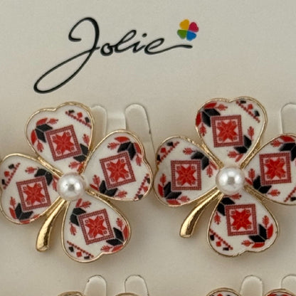 Set 12 Brose Martisor Primavara, Jolie, Model Trifoi Traditional cu Perla, Rosu