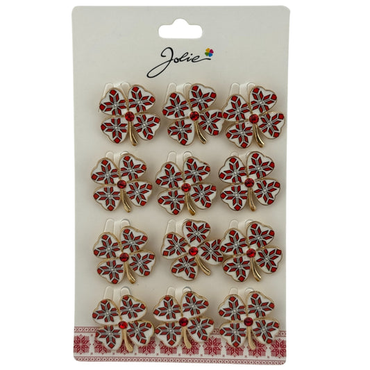 Set 12 Brose Martisor Primavara, Jolie, Model Trifoi Traditional cu Piatra Rosie
