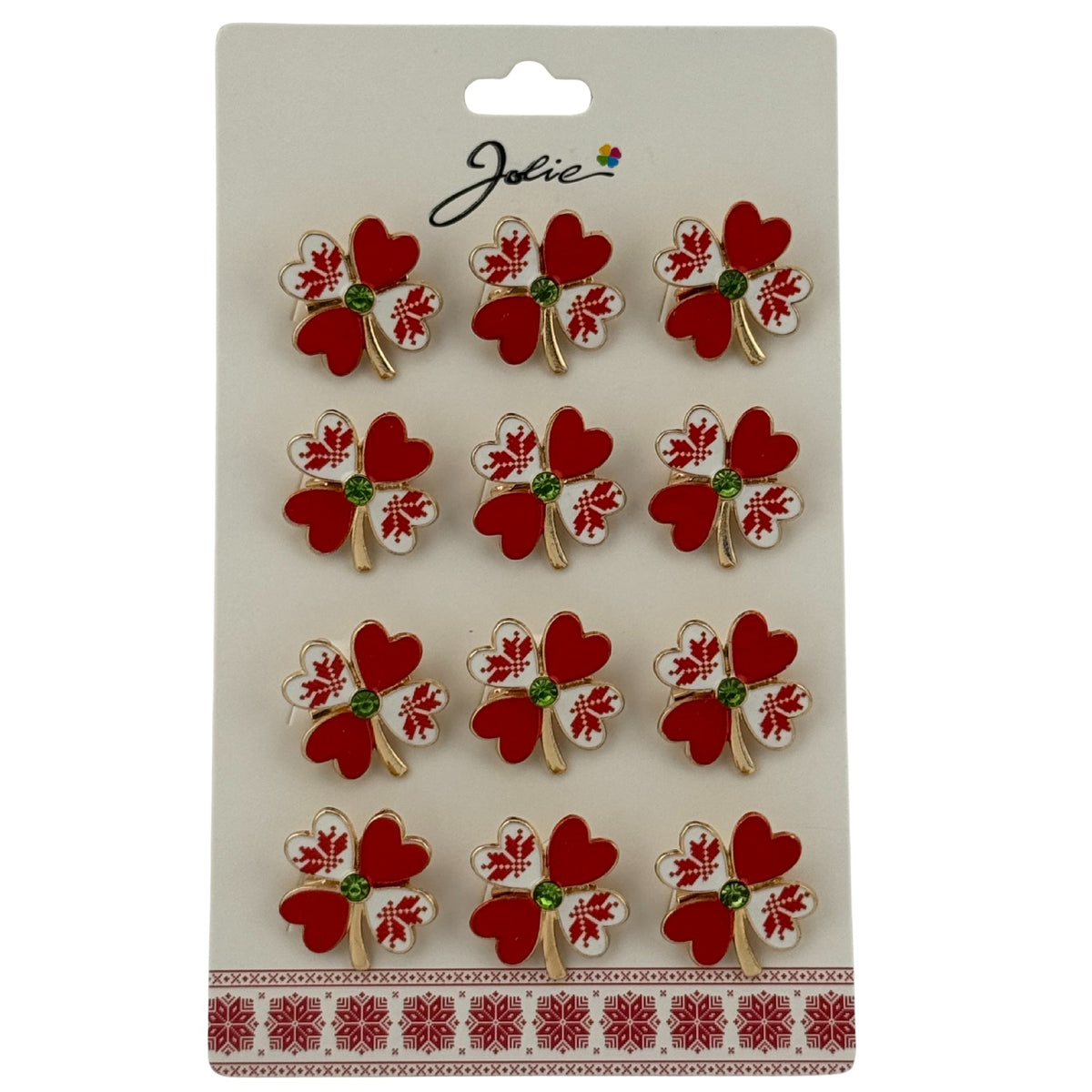 Set 12 Brose Martisor Primavara, Jolie, Model Trifoi Traditional cu Rosu