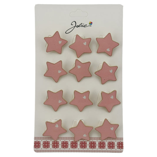 Set 12 Brose Martisor Stea cu Inima Copii, Jolie, Brose din Metal, Aspect Lacuit, 2 x 2 cm per Unitate, Roz