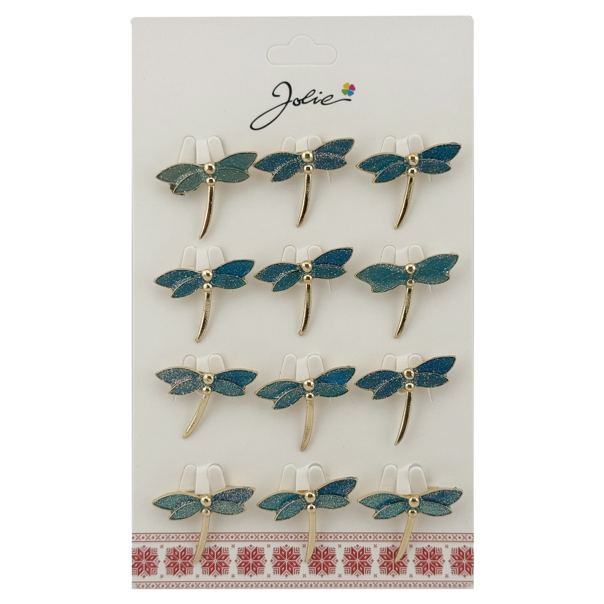 Set 12 Brose Martisor Traditional, Jolie, Model Libelula, Brose din Metal, Aspect Lacuit, 2,5 x 2,5 cm per Unitate, Verde