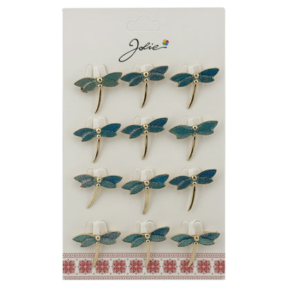 Set 12 Brose Martisor Traditional, Jolie, Model Libelula, Brose din Metal, Aspect Lacuit, 2,5 x 2,5 cm per Unitate, Verde