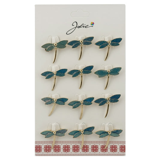 Set 12 Brose Martisor Traditional, Jolie, Model Libelula, Brose din Metal, Aspect Lacuit, 2,5 x 2,5 cm per Unitate, Verde