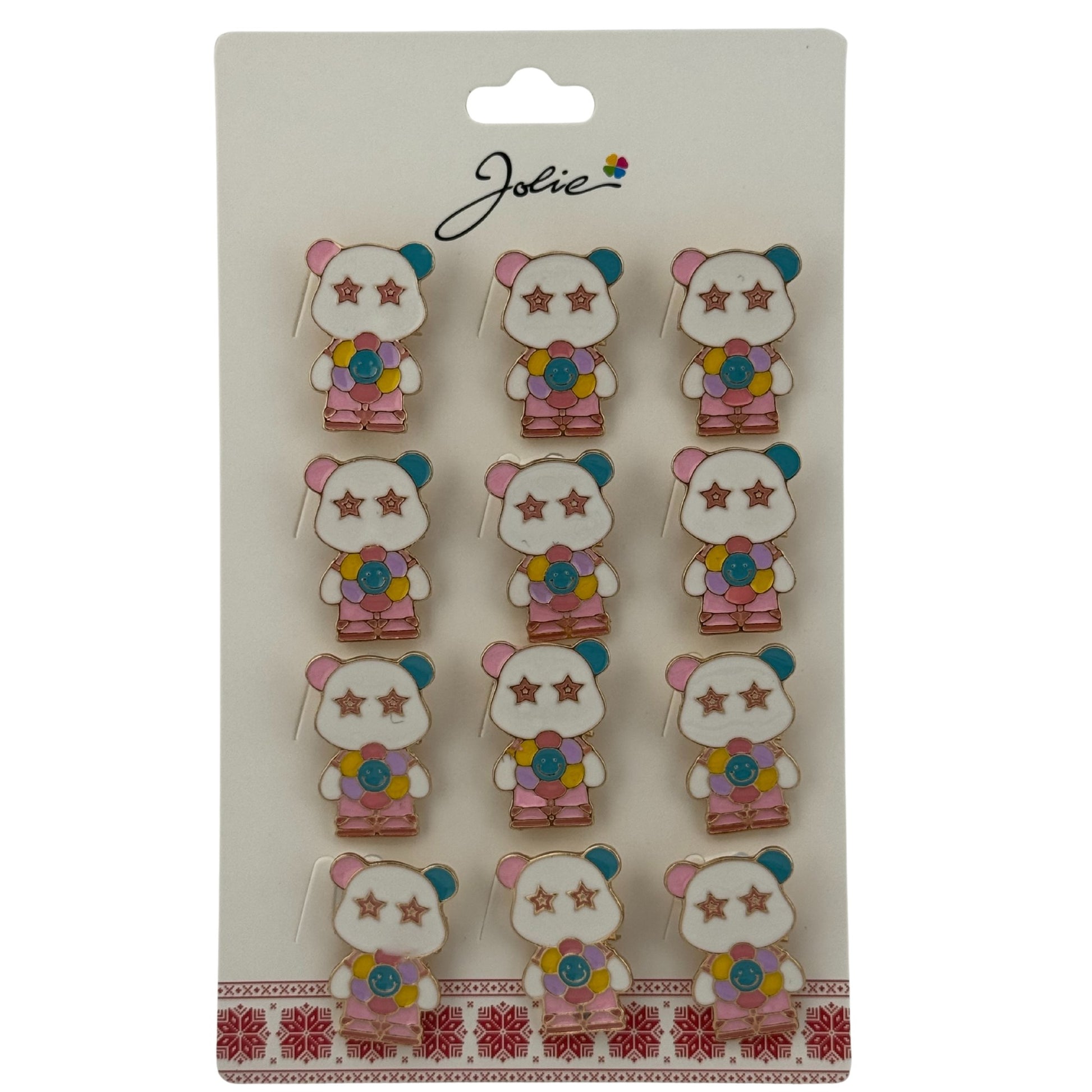 Set 12 Brose Martisor pentru Copii, Jolie, Model Urs Panda cu Floare Multicolora