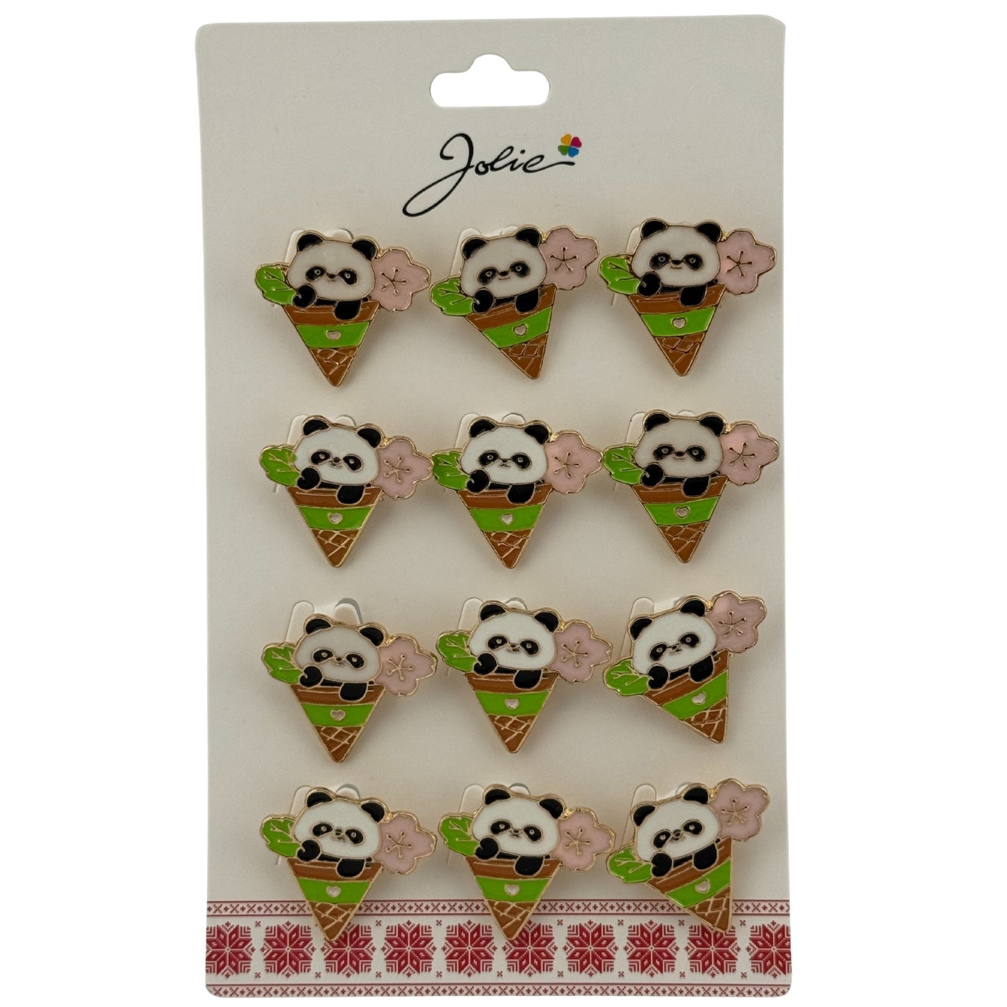 Set 12 Brose Martisor pentru Copii, Jolie, Model Urs Panda in Con de Inghetata, Multicolor