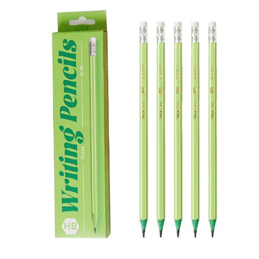 Set 12 Creioane Negre, Klevo, HB, pentru Scoala, cu Radiera, Model Verde, 19 cm