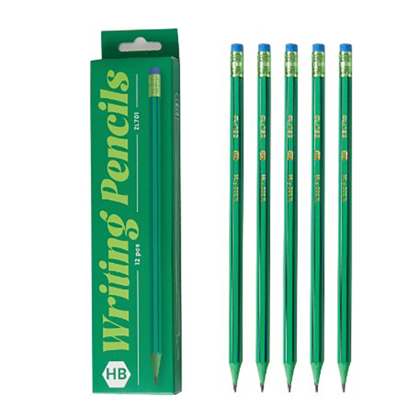 Set 12 Creioane Negre, Klevo, HB, pentru Scoala, cu Radiera, Model Verde-Albastru, 19 cm