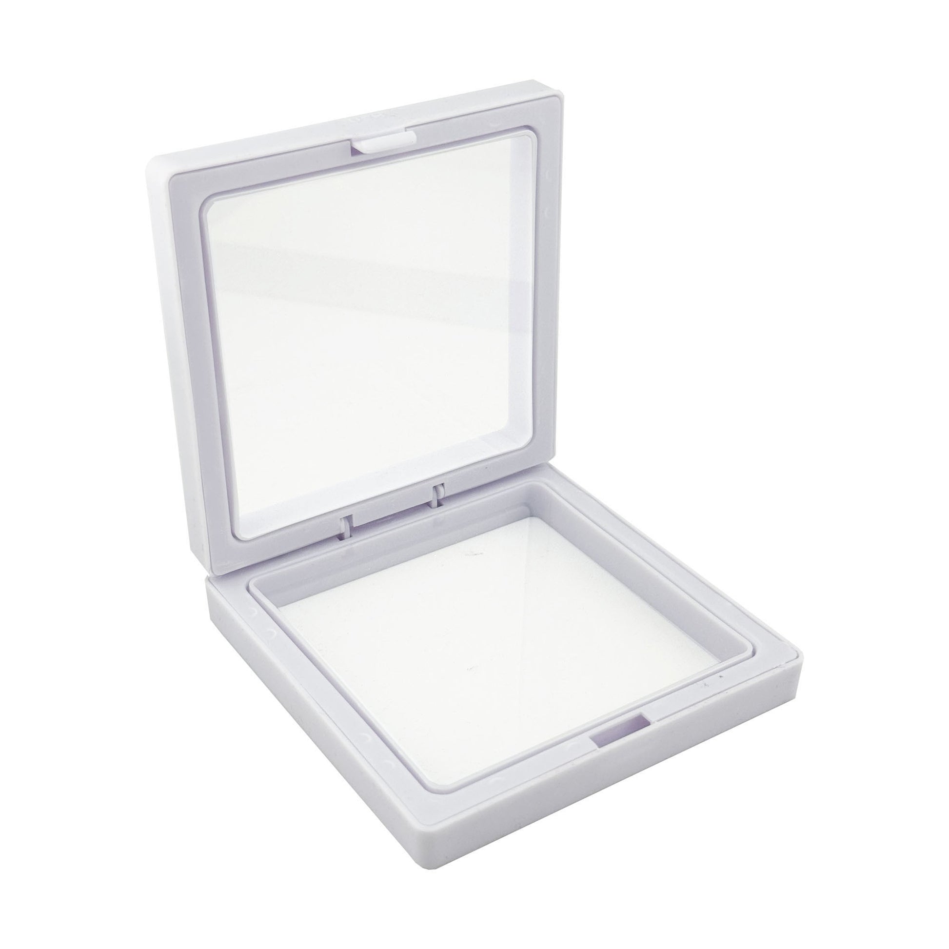 Set 12 Cutii pentru Martisoare/Brose, Klevo, Prezentare 3D, Model Alb, 8.5 x 8.5 cm, Rama Dubla de Plastic, Folie Transparenta Elastica, Sistem de Inchidere