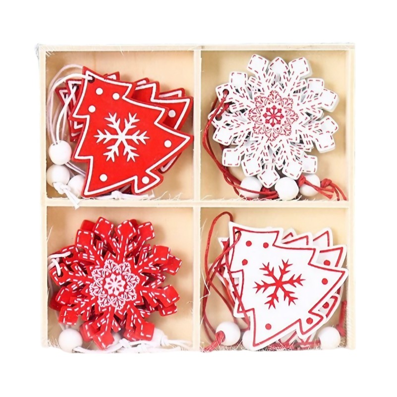 Set 12 Decoratiuni de Craciun din Lemn, Klevo, cu Snur pentru Agatare in Brad, Model Brazi si Fulgi de Nea, Alb-Rosu