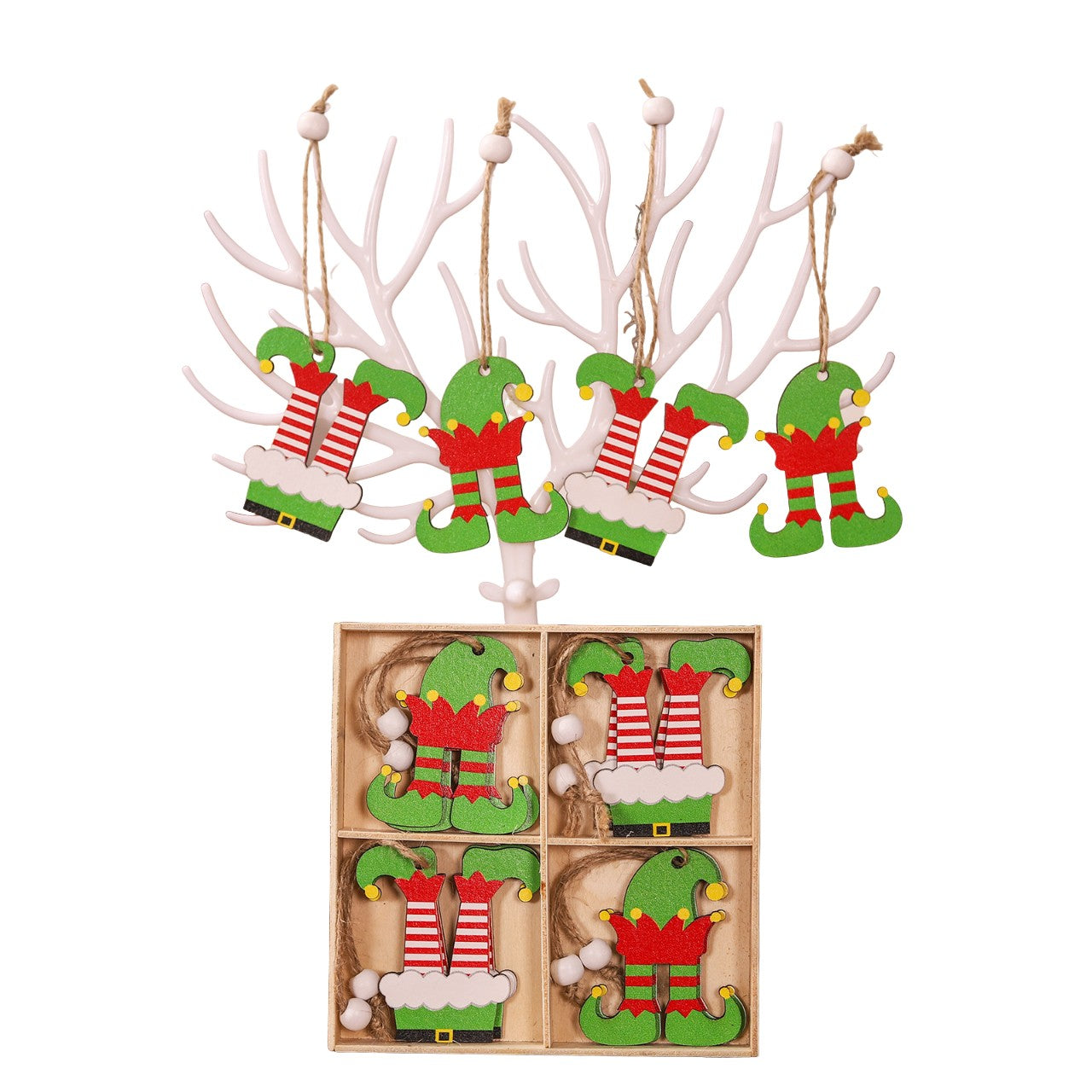 Set 12 Decoratiuni de Craciun din Lemn, Klevo, cu Snur pentru Agatare in Brad, Model Caciulite 6.3x5.2 cm si Pantaloni 6.3x6 cm, Multicolor