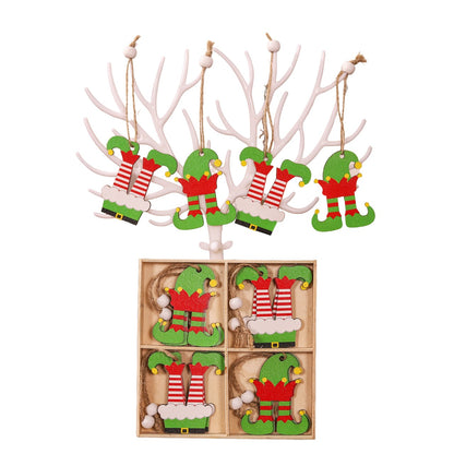 Set 12 Decoratiuni de Craciun din Lemn, Klevo, cu Snur pentru Agatare in Brad, Model Caciulite 6.3x5.2 cm si Pantaloni 6.3x6 cm, Multicolor