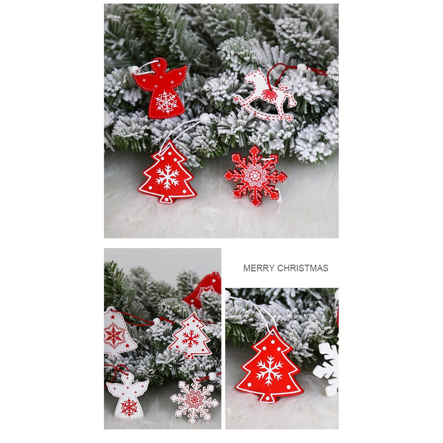 Set 12 Decoratiuni de Craciun din Lemn, Klevo, cu Snur pentru Agatare in Brad, Model Caluti si Clopotei, Alb-Rosu